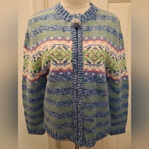 Vtg Woolrich Multicolor Geometric Pattern Zip Up Cardigan Sweater w Pom Pom Pull